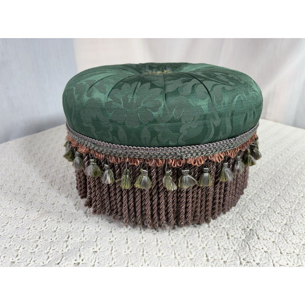 OTTOMAN Tufted Vintage French Country Shabby Chic Green Tassels 14” X 9” (tall)